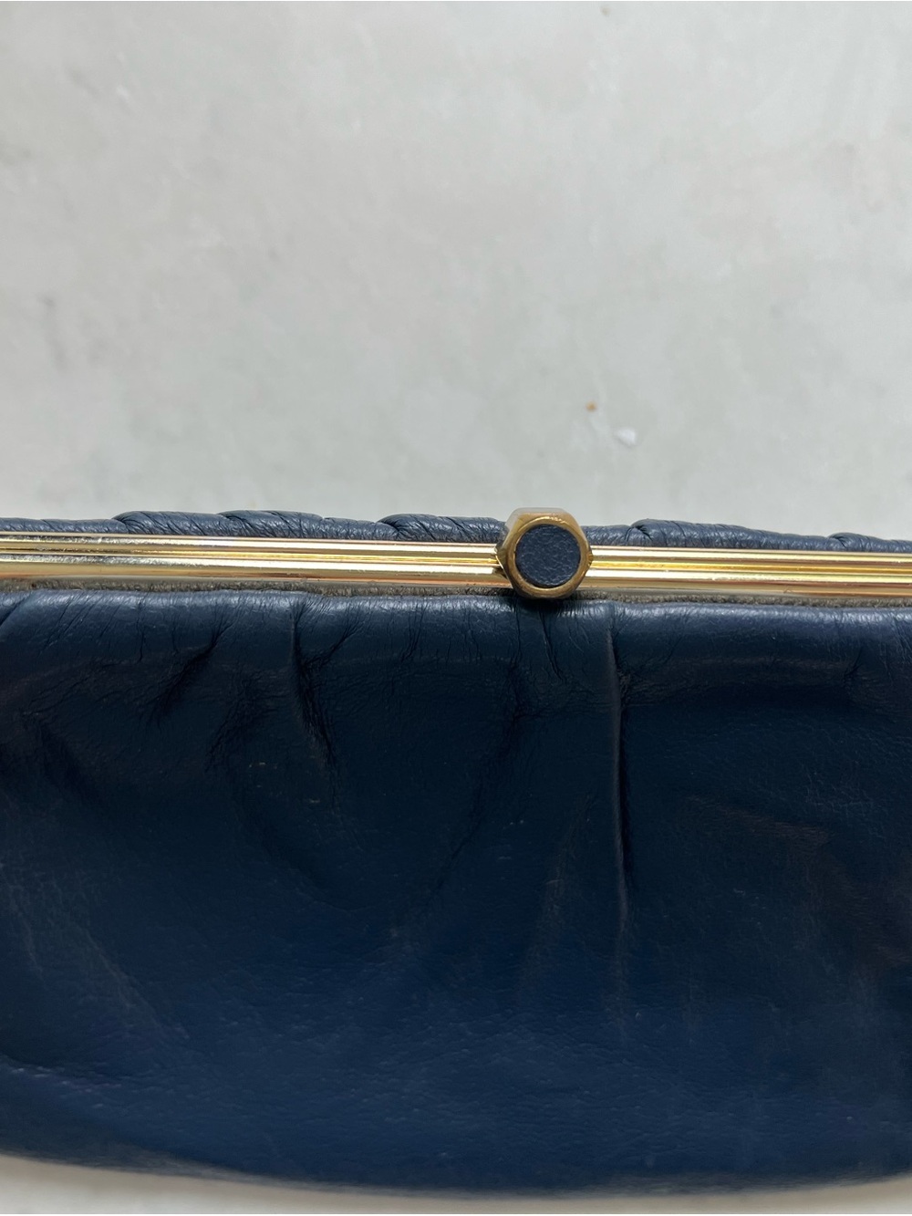 Vintage Navy Leather Clutch / Chain-Handle Evening Hand Bag - Picture 5 of 7